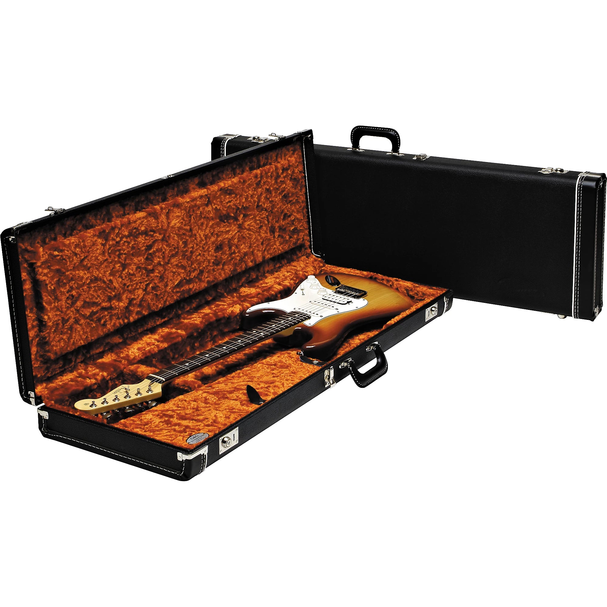 FENDER G&G DELUXE STRAT / TELE HARDSHELL CASE - BLACK WITH ORANGE PLUSH INTERIOR