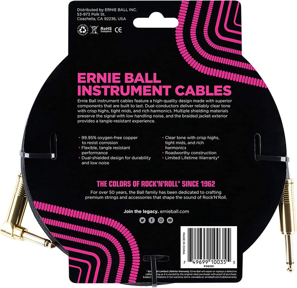 ERNIE BALL BRAIDED INSTRUMENT CABLE STRAIGHT TO RIGHT ANGLE 10FT-BLACK