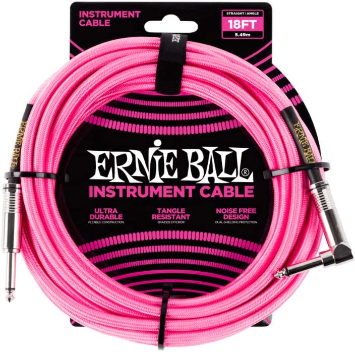 ERNIE BALL BRAIDED INSTRUMENT CABLE STRAIGHT TO RIGHT ANGLE 18FT-PINK