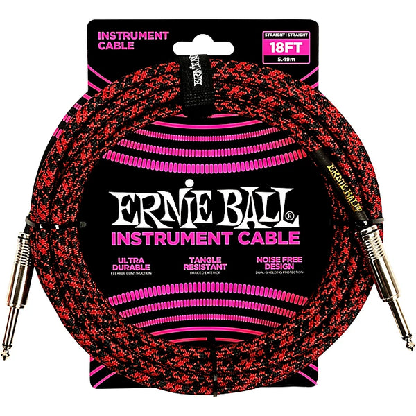 ERNIE BALL BRAIDED INSTRUMENT CABLE STRAIGHT TO STRAIGHT-25FT RED