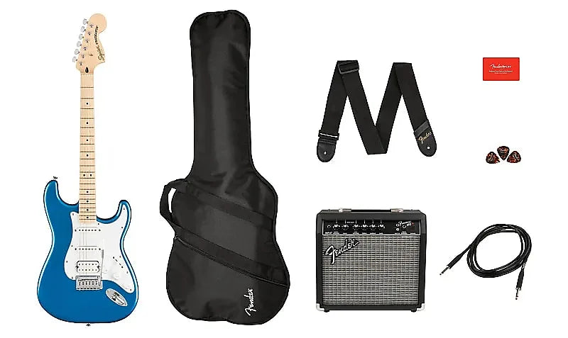 SQUIER AFFINITY SERIES STRATOCASTER HSS PACK-LAKE PLACID BLUE, GIG BAG, & FRONTMAN AMP