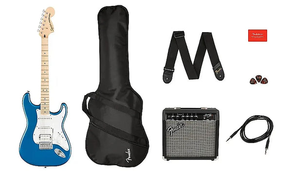 SQUIER AFFINITY SERIES STRATOCASTER HSS PACK-LAKE PLACID BLUE, GIG BAG, & FRONTMAN AMP