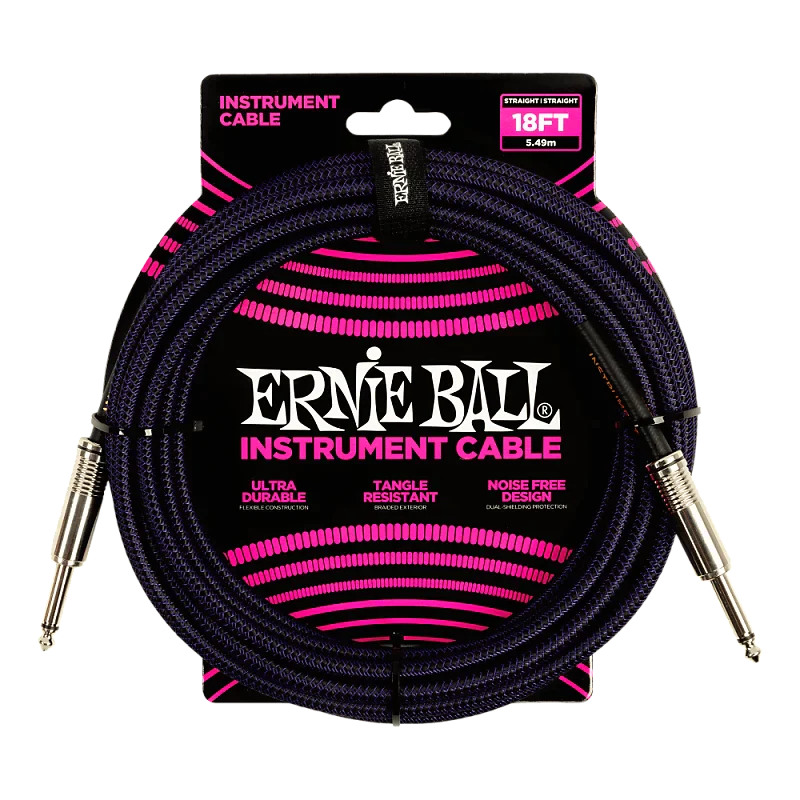 ERNIE BALL BRAIDED INSTRUMENT CABLE STRAIGHT TO STRAIGHT-18FT PURPLE
